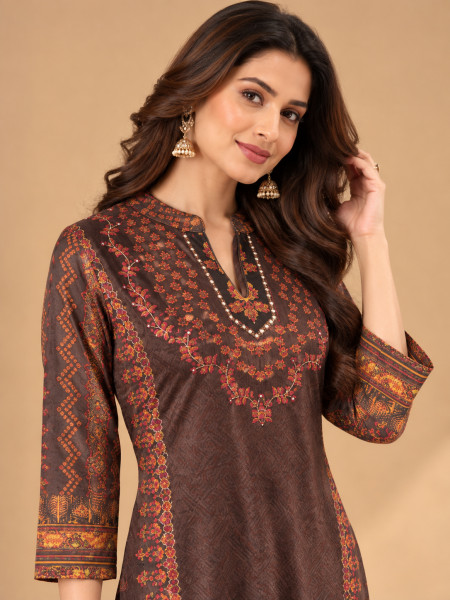 Chocolate Brown & Rust Orange Ethnic Printed Kurta Pant Set with Dupatta