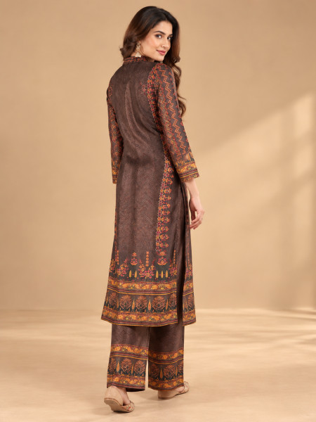 Chocolate Brown & Rust Orange Ethnic Printed Kurta Pant Set with Dupatta