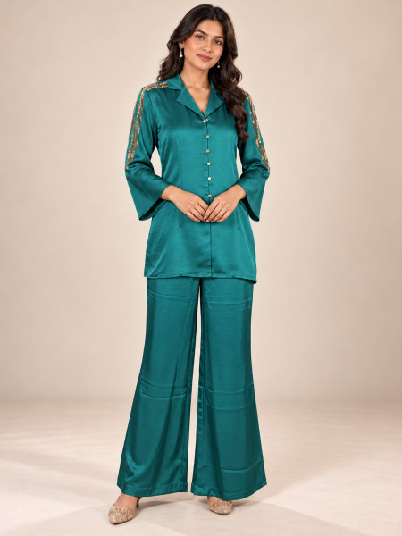 Emerald Green Satin-Style Co-Ord Set with Wide-Leg Palazzo