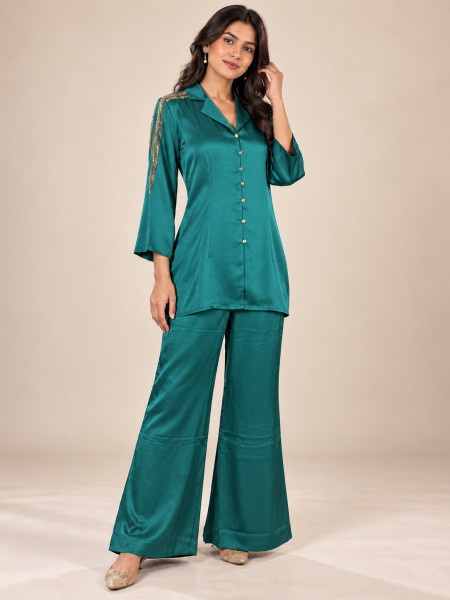 Emerald Green Satin-Style Co-Ord Set with Wide-Leg Palazzo