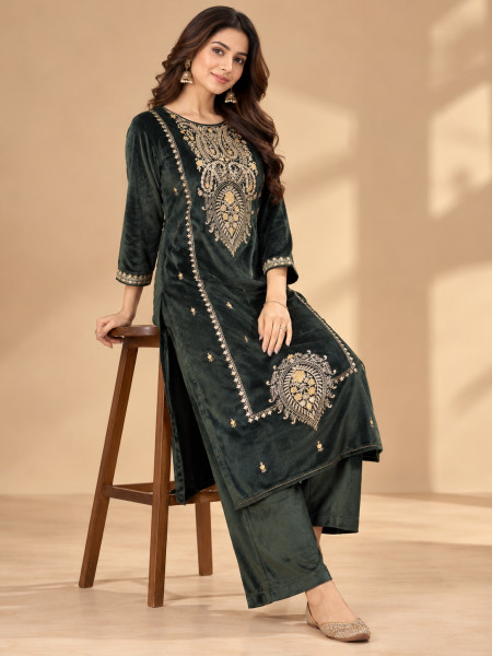 Dark Bottle Green Velvet-Style Embroidered Kurta Pant Set with Dupatta