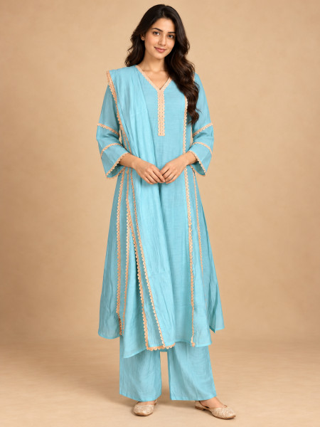 Aqua Blue Lace-Embellished Kurta Palazzo Set with Dupatta