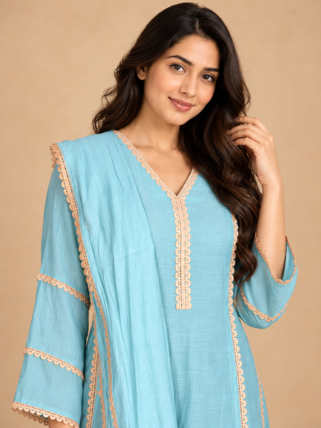 Aqua Blue Lace-Embellished Kurta Palazzo Set with Dupatta