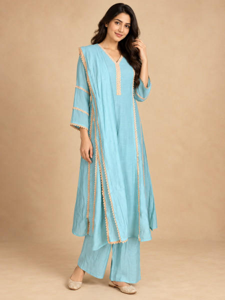 Aqua Blue Lace-Embellished Kurta Palazzo Set with Dupatta