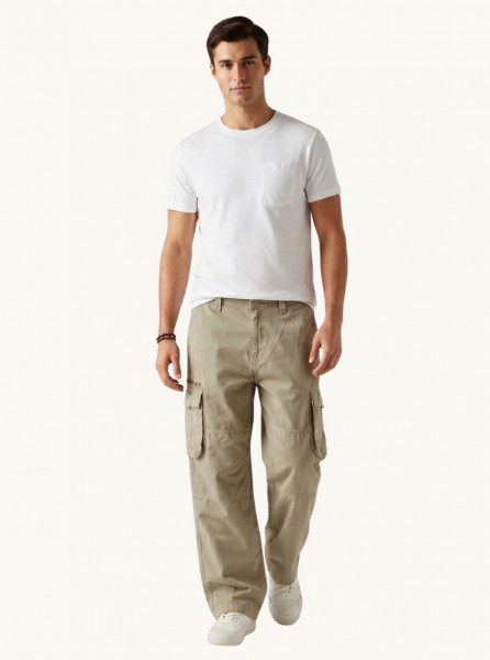 Image of Men's Beige Cargo Pants with Multiple Utility Pockets | Relaxed Fit Casual Cargo Trousers