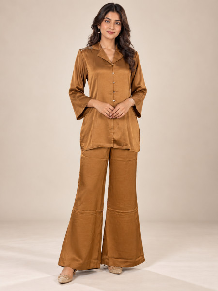 Caramel Brown Satin-Style Co-Ord Set