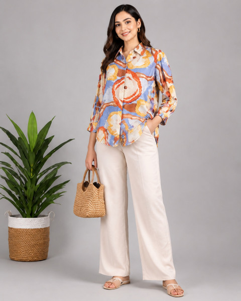 Image of Multicolour Abstract Printed Cotton Mul Shirt Top