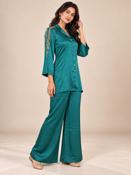 Image of Emerald Green Satin-Style Co-Ord Set with Wide-Leg Palazzo