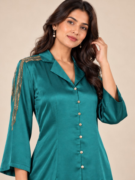 Emerald Green Satin-Style Co-Ord Set with Wide-Leg Palazzo