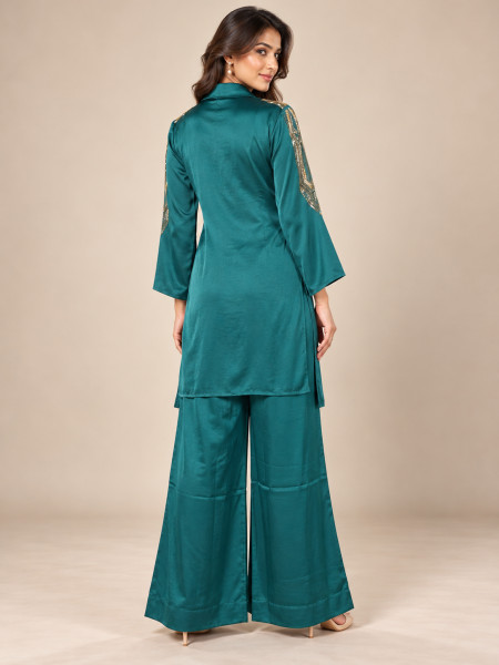 Emerald Green Satin-Style Co-Ord Set with Wide-Leg Palazzo