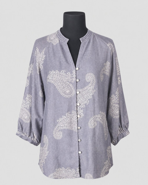 Dusty Grey Paisley Printed Cotton Rayon Blend Top – Resort & Evening Casual Wear