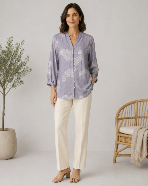 Image of Dusty Grey Paisley Printed Cotton Rayon Blend Top – Resort &amp; Evening Casual Wear