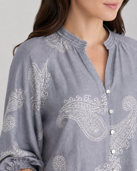 Dusty Grey Paisley Printed Cotton Rayon Blend Top – Resort & Evening Casual Wear
