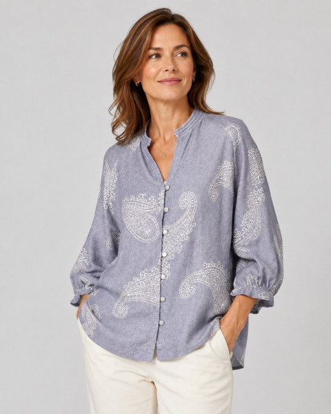 Dusty Grey Paisley Printed Cotton Rayon Blend Top – Resort & Evening Casual Wear