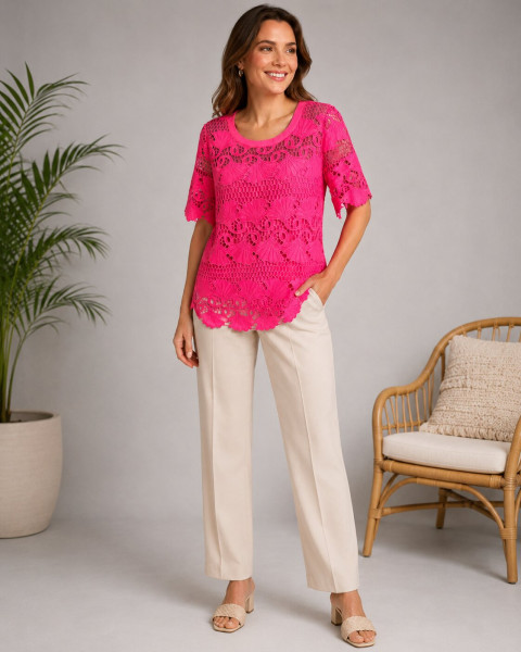 Image of Hot Pink Crochet Lace Cutwork Tunic Top