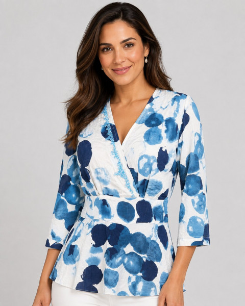 Blue Abstract Print Wrap-Style Peplum Top