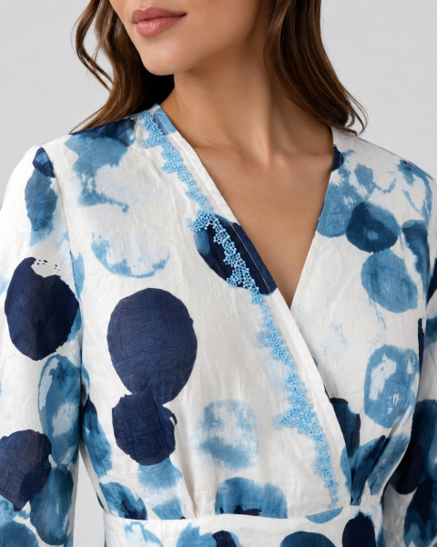 Blue Abstract Print Wrap-Style Peplum Top