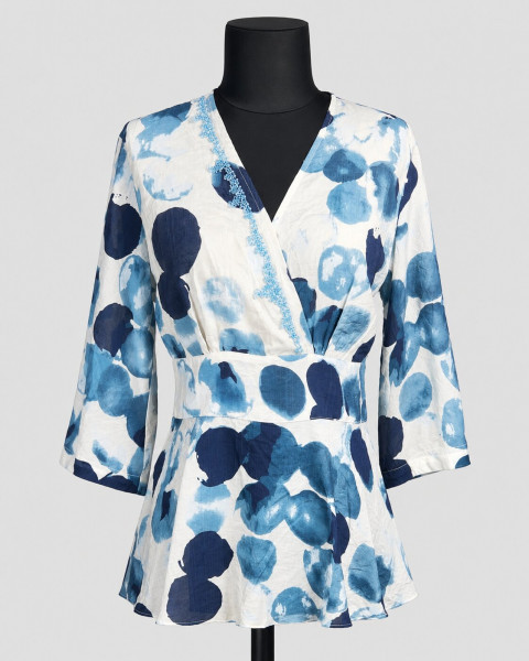 Blue Abstract Print Wrap-Style Peplum Top