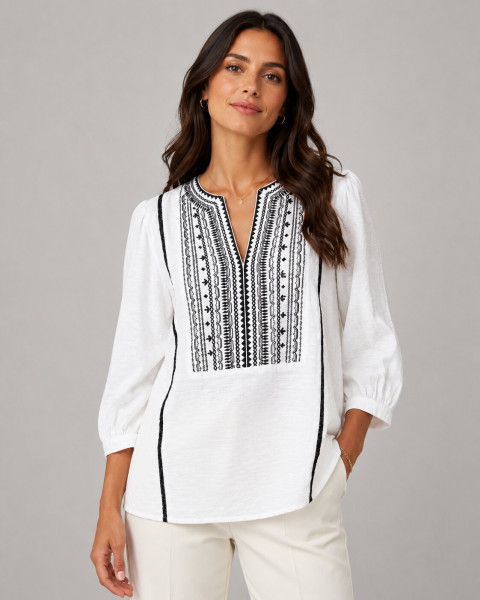 Women's White Cotton Embroidered V-Neck Top | Floral Embroidery Casual Ethnic Kurti Top for Women