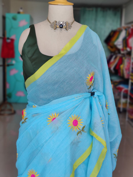 Sunflower Embroidered Mul Saree