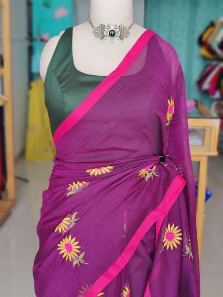 Sunflower Embroidered Mul Saree