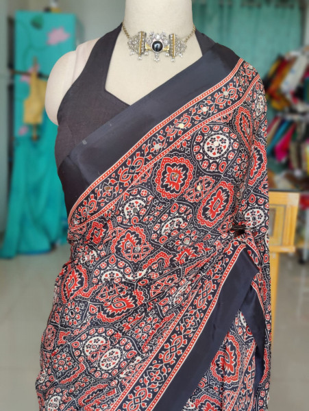 Mirror Ajrakh Sarees in Semi Modal