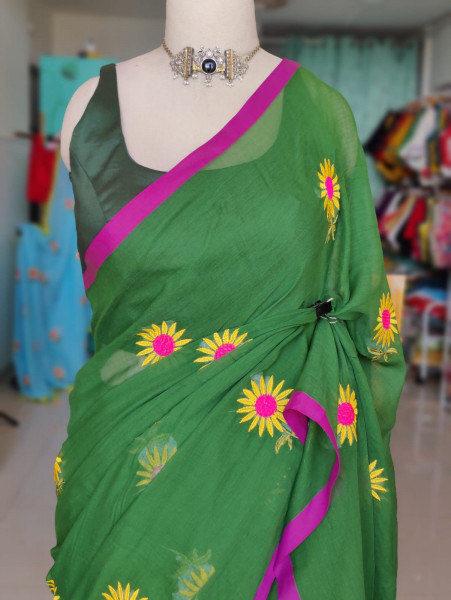 Sunflower Embroidered Mul Saree