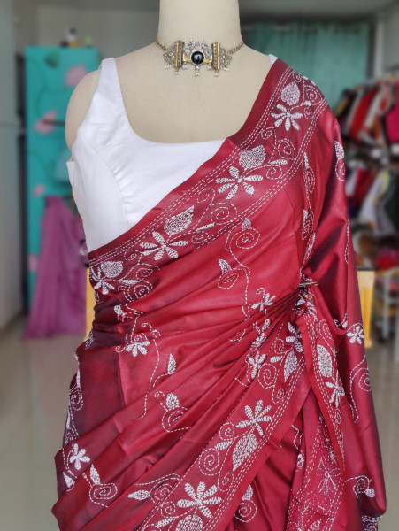 Blended Silk Kantha Stitch Saree