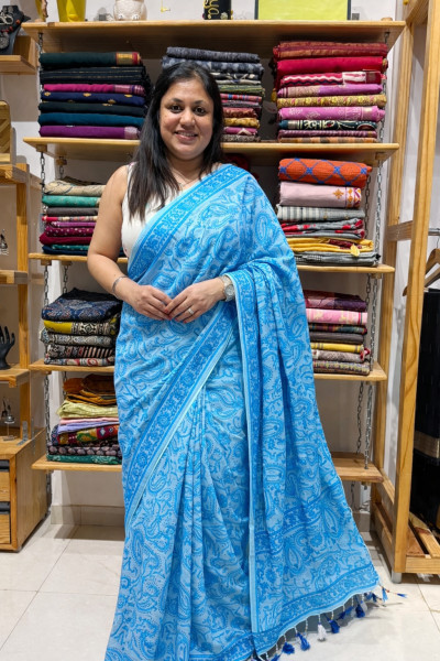 Chikankari work Mul Saree- Sky Blue