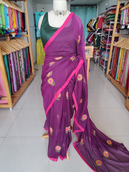 Sunflower Embroidered Mul Saree