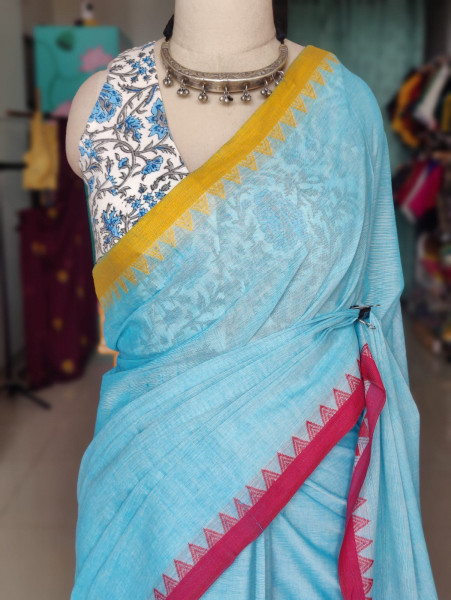 Combo Handloom Cotton Saree with Free SIZE Sleeveless Blouse