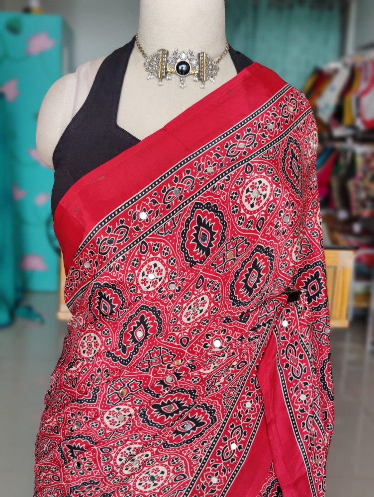 Image of Mirror Ajrakh Sarees in Semi Modal