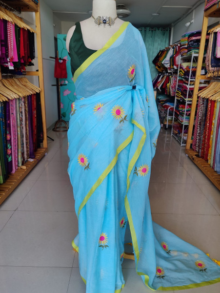 Sunflower Embroidered Mul Saree