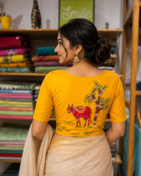 Free Size Handpainted Blouse (Fits 36 to 42) - YELLOW