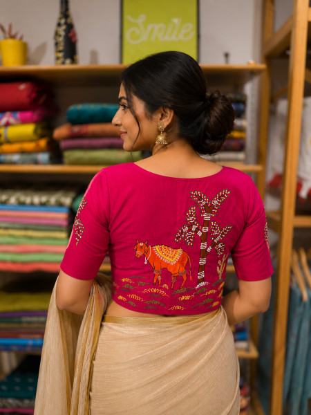 Free Size Handpainted Blouse (Fits 36 to 42) - PINK
