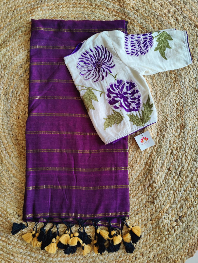 Image of Purple zari stripes cotton saree with matching blouse