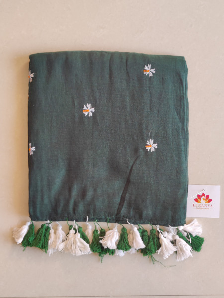 Prajakta Embroidered Mul Saree - Bottle Green