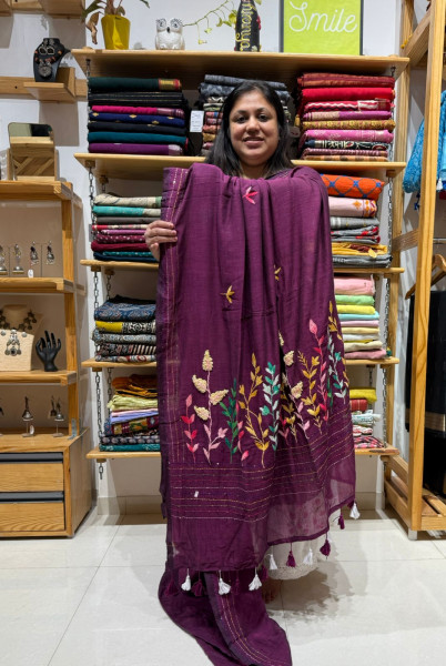 Mul Saree with Hand Embroidery - Purple