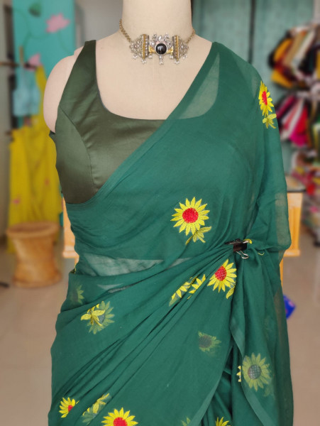 Sunflower Embroidered Mul Saree