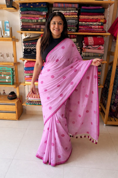 Polka Dots Pink Saree with sleeveless Blouse