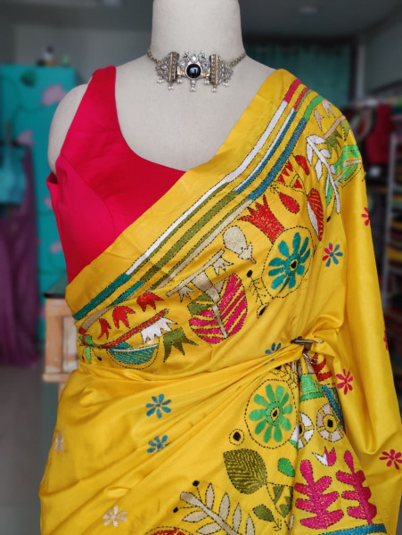 Blended Silk Kantha Stitch saree