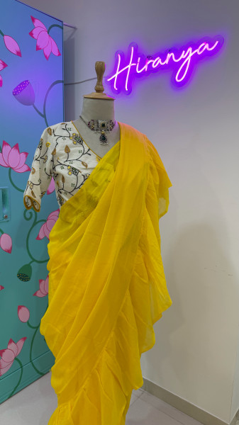 Mul Cotton Ruffle Saree - Yellow