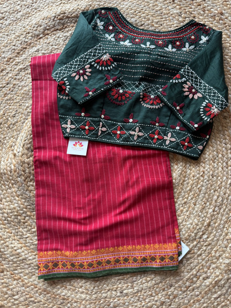 Cotton saree with hand embroidered Free Size Blouse