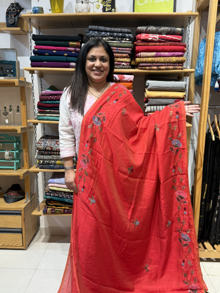 Mul chanderi Handpaint and Handwork Saree - Red