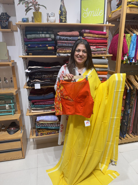 Yellow mul Cotton Saree with sunflower embroidery blouse