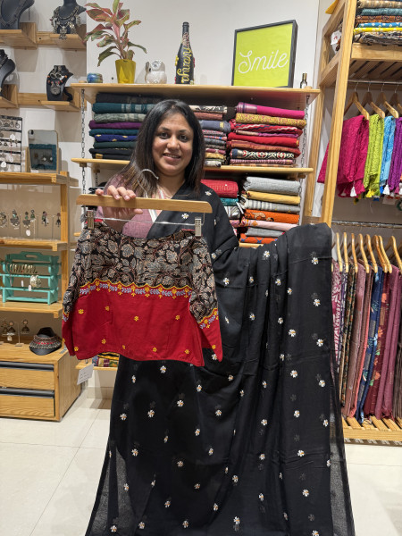 Black Parijat Flower Mul Saree with Blouse