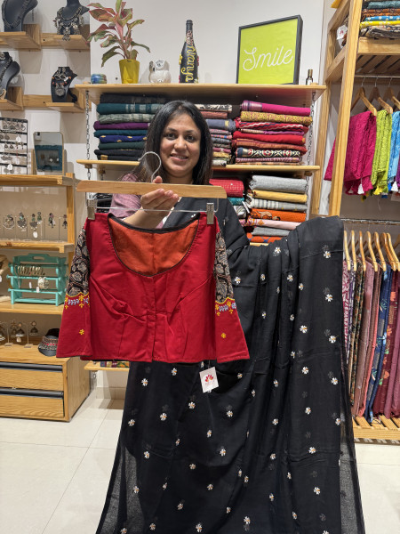 Black Parijat Flower Mul Saree with Blouse