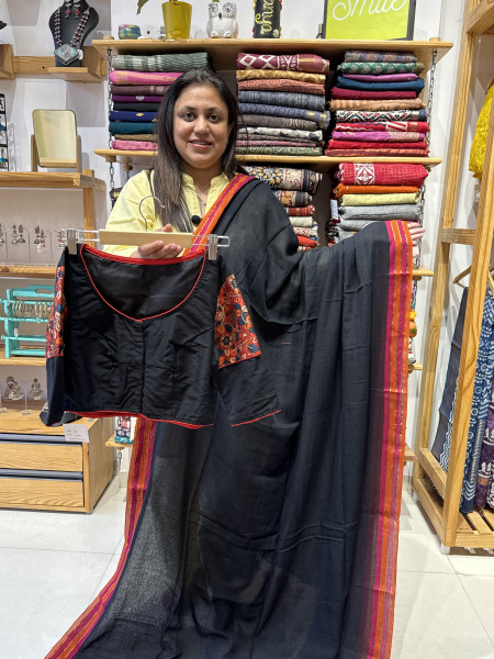 Mul cotton saree with Kalamkari patchwork blouse in Black