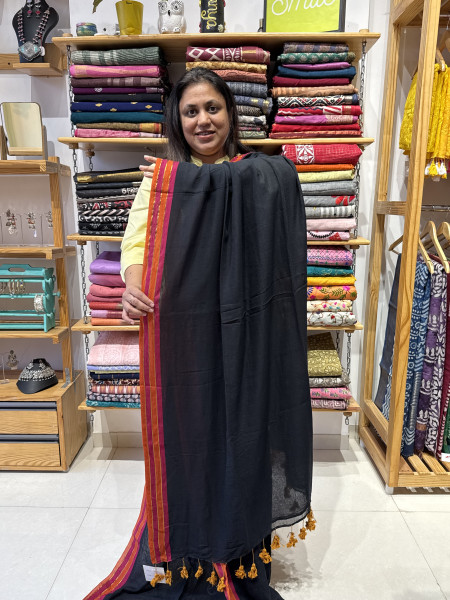 Mul cotton saree with Kalamkari patchwork blouse in Black