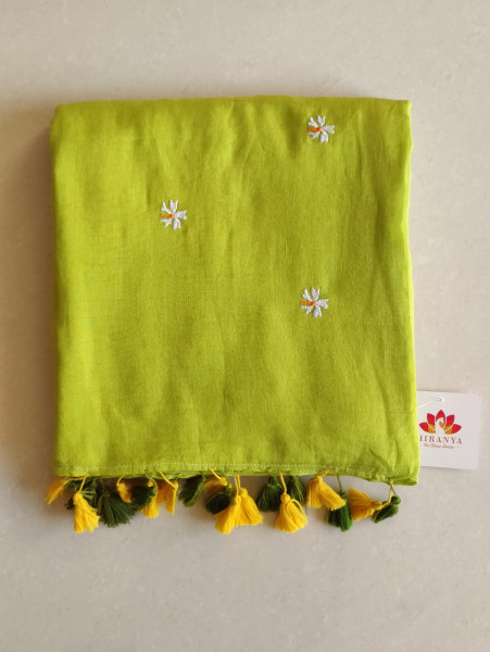 Prajakta Embroidered Mul Saree - Parrot Green